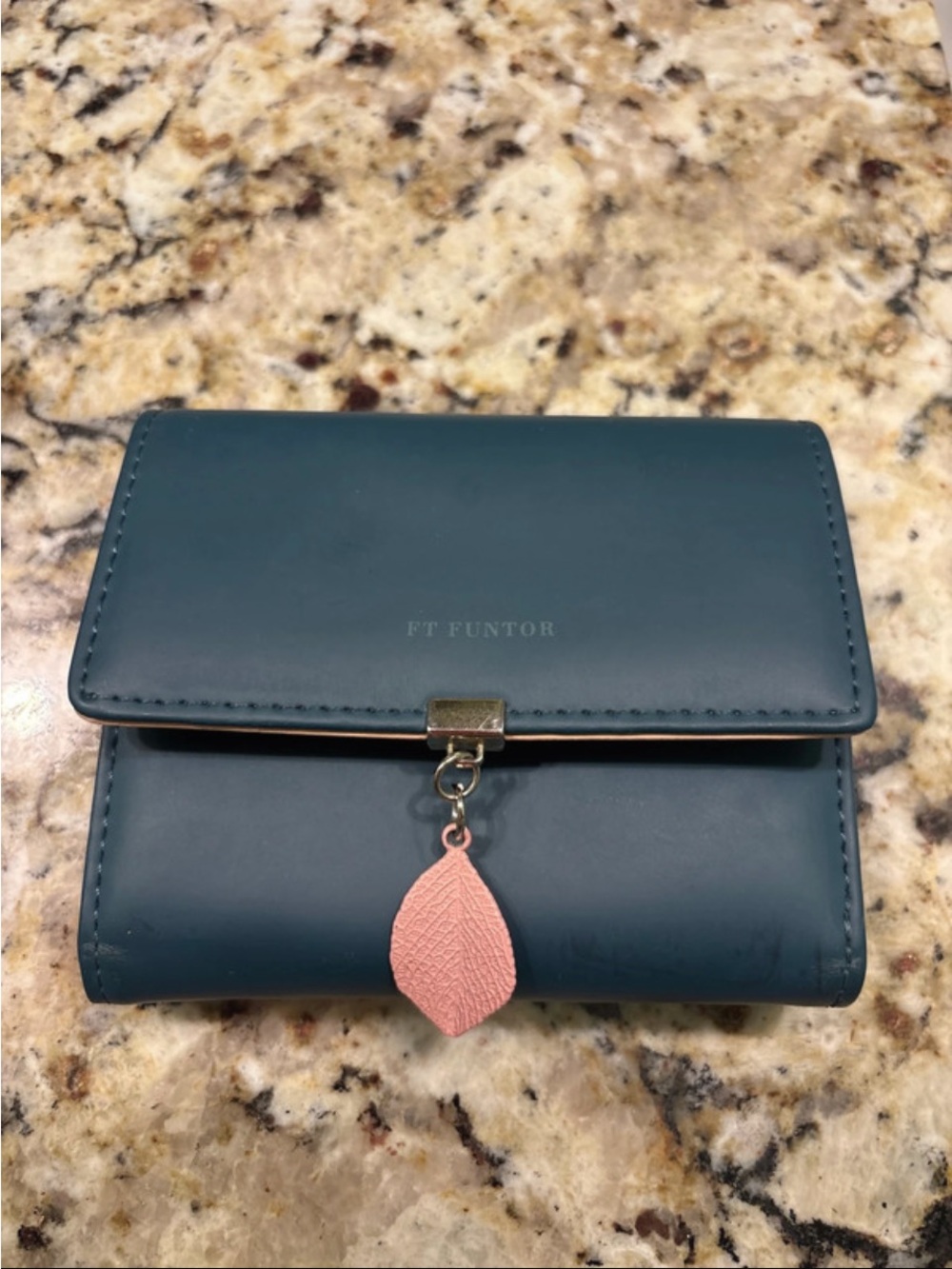 Teal Women's Wallet with Pink Leaf Charm